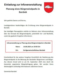 Infoveranstaltung zur Planung eines Bürgerwindparks in Barsbek @ Dorfgemeinschaftshaus